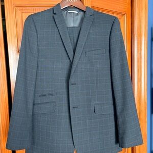 SUIT: Marc NY Charcoal Gray Blazer & Matching Pants with Subtle Blue/Brown Plaid